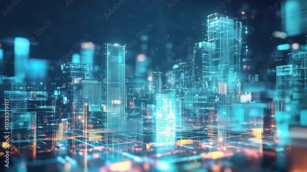 Aufkleber A futuristic block-building scene with holographic building blocks in a digital playground, Digital playground style, photo of