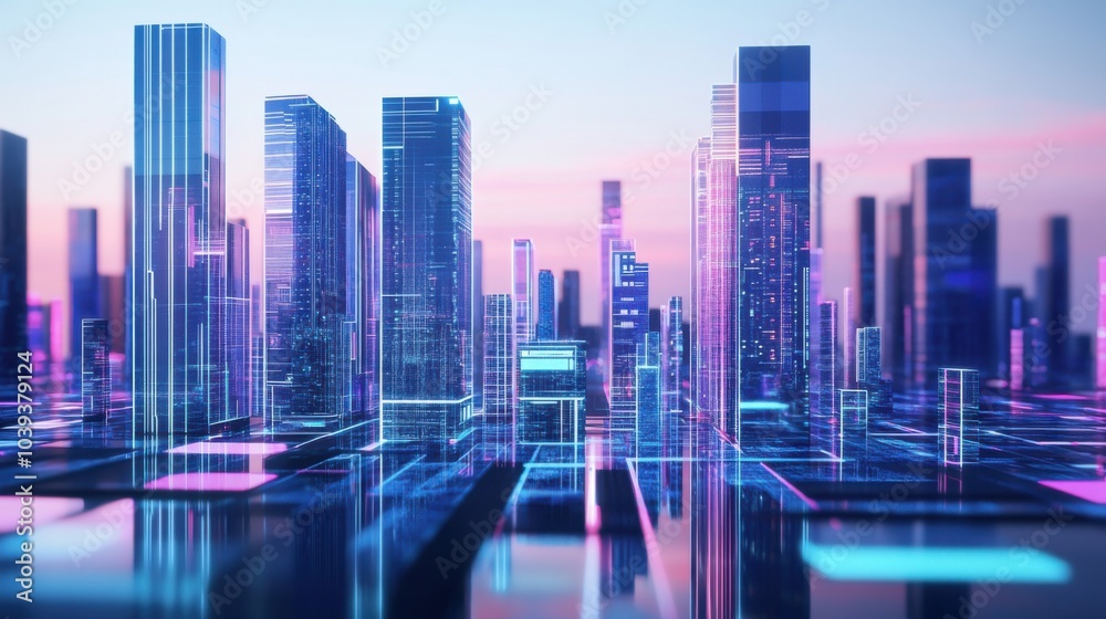 Poster A futuristic block-building scene with holographic building blocks in a digital playground, Digital playground style, photo of