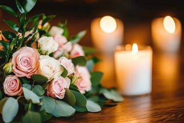 Obraz premium Elegant Floral Arrangement with Soft Candles Creating a Romantic Ambiance for Any Occasion
