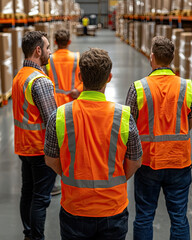 Workers inspecting warehouse inventory with safety vests.