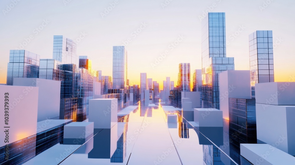 Poster A futuristic block-building scene with interactive electronic blocks, Blocks arranged in a futuristic cityscape, Hi-tech minimalist style