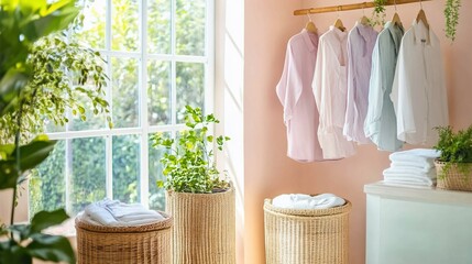 A bright and airy laundry room with a wicker laundry basket, a clothes rack, and a stack of folded towels.