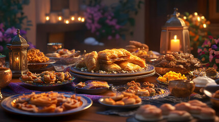 Fototapeta premium Festive Muslim Iftar Feast Setting at Dusk