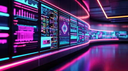 Fototapeta premium Futuristic digital display with vibrant neon colors and data visualizations