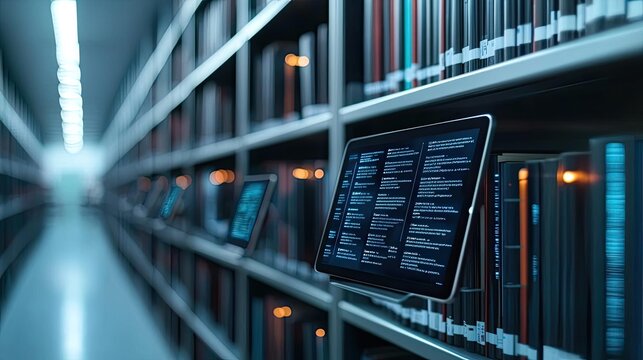 Tablet displaying data in a library with shelves of books in the background.