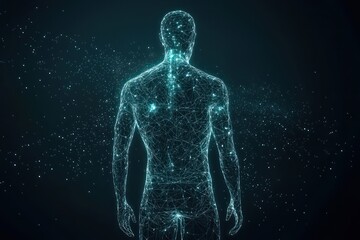 Digital abstract silhouette of a human body in a wireframe, AI-generated style.