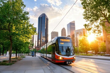 Obraz premium Modern Urban Transit A Scenic View of Public Transportation Amidst Skyscrapers at Sunset
