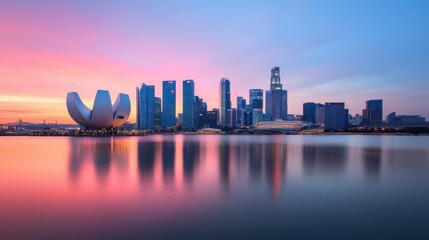 Fototapeta premium Stunning Sunset Over Singapore's Iconic Skyline Reflected in Calm Waters