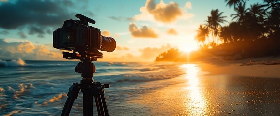 A camera on a tripod captures a stunning sunset over a tropical beach.