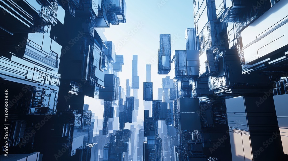 Poster A futuristic block-building scene with modular robotic blocks, Blocks arranged in a high-tech laboratory setting, Scientific innovation style