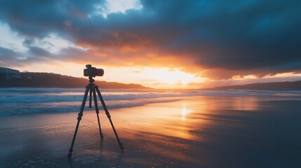 A camera on a tripod captures a stunning sunset over the ocean.