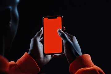 Young man holding smartphone with red screen in dark room