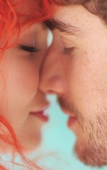 Obraz premium Close-Up Romantic Kiss with Vibrant Red Hair Highlighting Love and Individuality