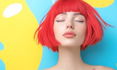 Fototapeta premium Bold Cherry Red Hair Against Vivid Abstract Backdrop in Modern Editorial Style
