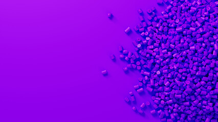 Closeup top view on violet plastic polypropylene granules heap on violet backdrop, masterbatch polymer grain pile. HDPE or PVC resin pellets. 3d render illustration