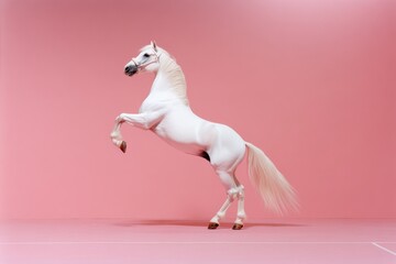 White horse rearing up on pink background
