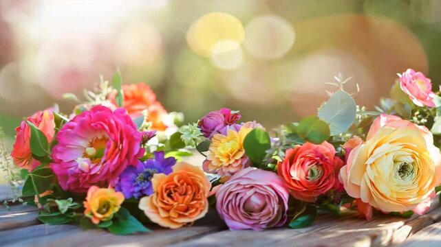Vibrant Arrangement of Colorful Flowers Roses, Ranunculus, and Peonies on Wooden Surface, Enhancing Natures Cheerful Atmosphere with Soft Focus Background.