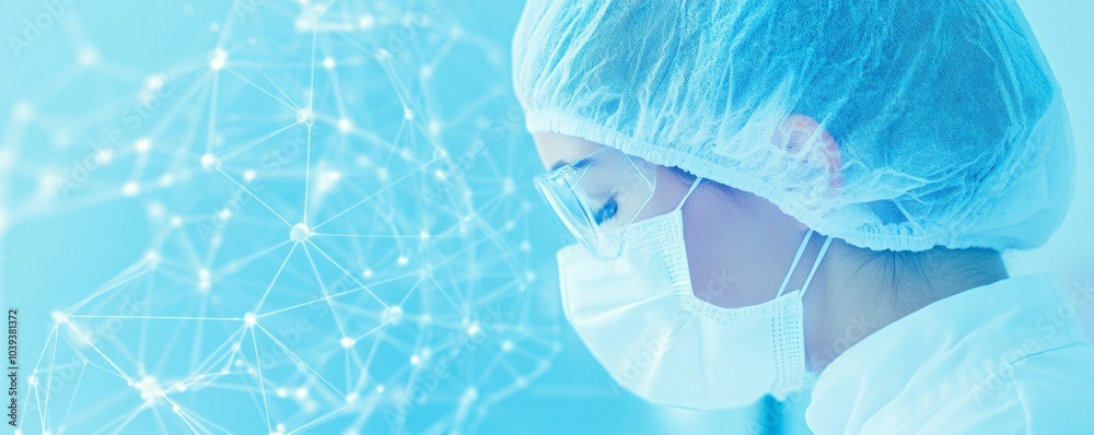 Poster female scientist in protective gear researching artificial intelligence in a sterile lab environment