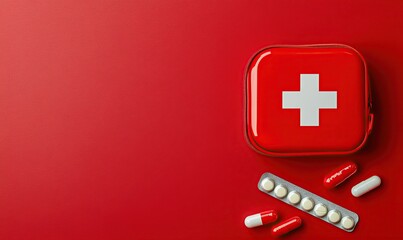 Fototapeta premium Red first aid kit with white cross and medical supplies on a red background
