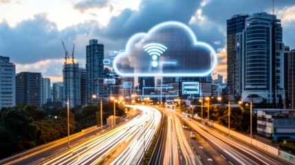 Fototapeta premium A digitally rendered cloud icon hovers over a vibrant cityscape bustling with light trails, representing modern connectivity and technology.