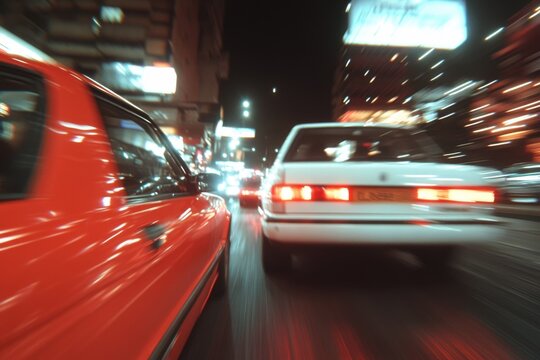 Red car chasing white car through city at night