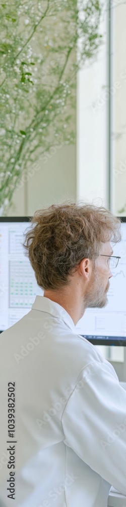 Poster Focused Male Scientist Analyzing Data in Modern Laboratory Setting