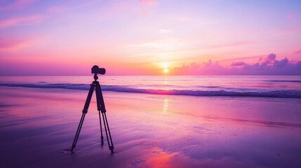 A camera on a tripod capturing the vibrant colors of a sunrise over the ocean.