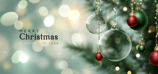 Decorated Christmas tree hanging glass transparent bauble ball, green and red ornaments. Realistic Xmas 3d design. Merry Christmas and Happy New Year poster and banner. Vector illustration