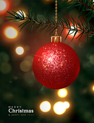 Christmas and New Year background. Realistic 3d Glittery red Christmas ornament hanging on green pine tree branch with soft golden bokeh lights. Vector Illustration