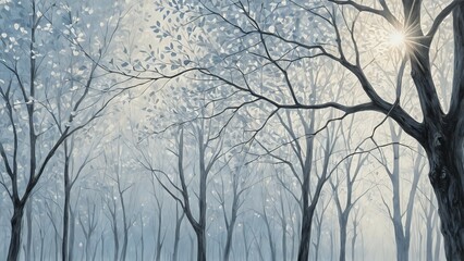 Fototapeta premium Sun shining through bare trees in a misty forest.