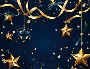 Fototapeta premium Dark Blue Background with Golden Stars and Ribbons