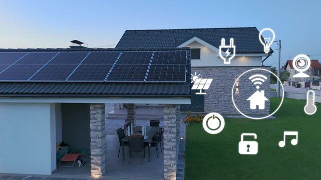 Intelligent modern house with animated icons of smart home appliances. Automation remote control concept. 3D render