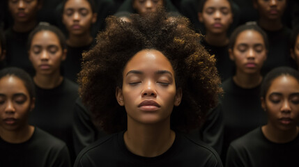 Obraz premium Meditative calmness: diverse group in symmetrical formation focusing on inner peace