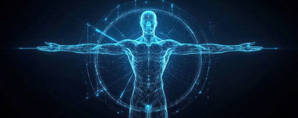 The Vitruvian man reinterpreted in a modern polygonal wireframe visualization.