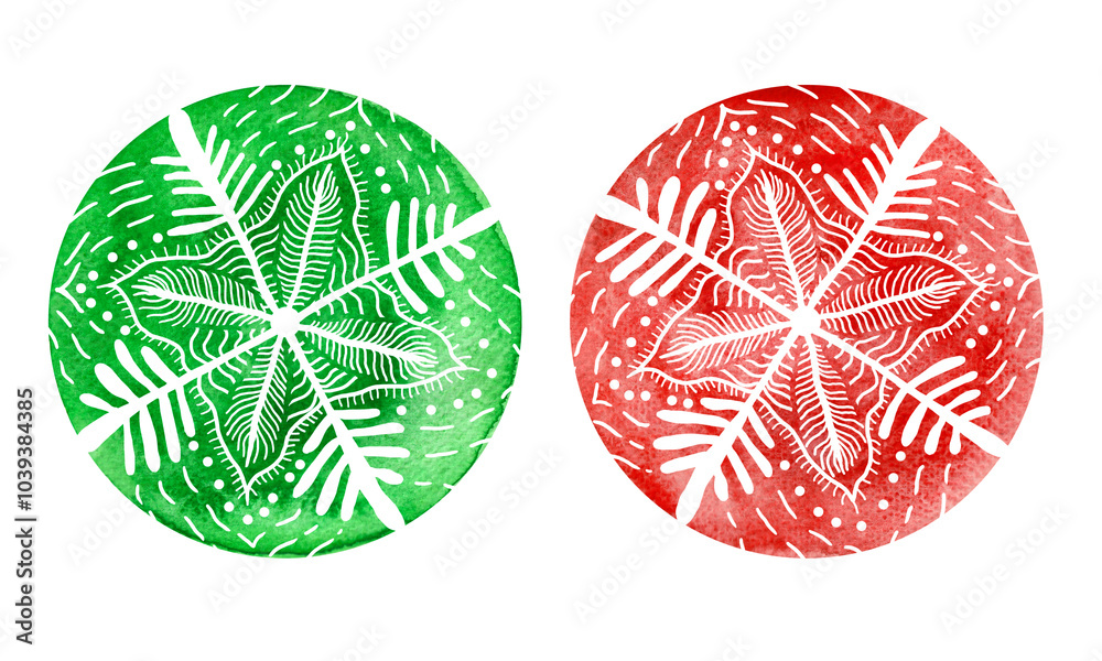 Fototapete set of two circles filled with an ornament in the form of snowflake. white lines of different thickn