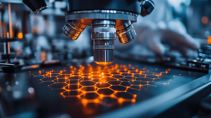 Microscope examining glowing hexagonal nanostructure in laboratory