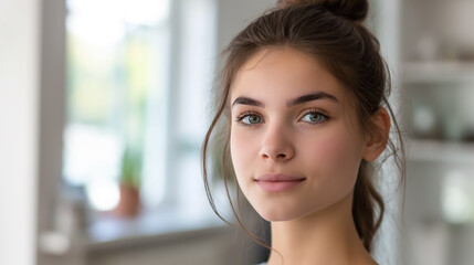 Fototapeta premium Portrait of a young woman with blue eyes and natural makeup in a bright room