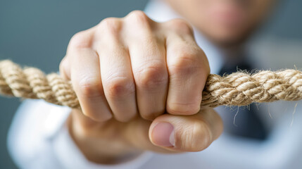 Determination and strength concept: close-up of hand gripping a rope in business attire