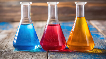 Colorful chemistry glassware: blue, red, yellow liquids in laboratory beakers on rustic wooden table