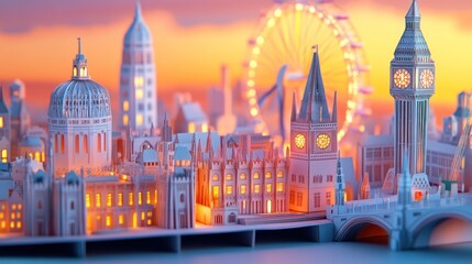 Fototapeta premium A vibrant, illuminated paper model of a cityscape featuring iconic buildings and a ferris wheel.