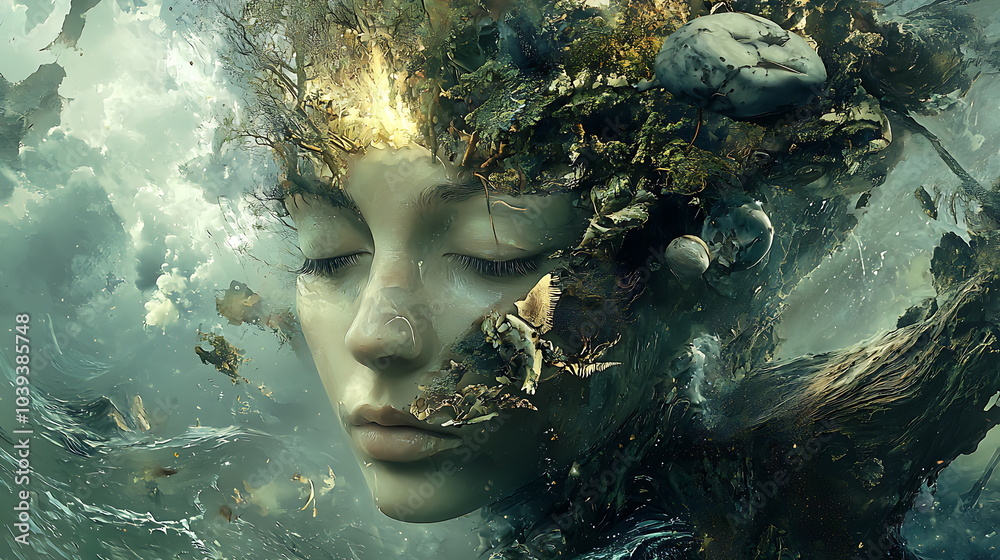 Poster ethereal fusion a dreamlike blend of human features and nature elements creating a surreal visual ex