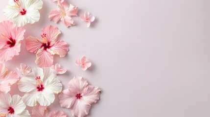 Colorful hibiscus flowers scattered on a soft background.