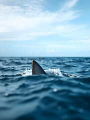 Fototapeta premium Outdoor photo of photorealistic image of the open ocean shot at the waterline with a shark fin breaching the surface at a distance depth of field blur. Generative AI
