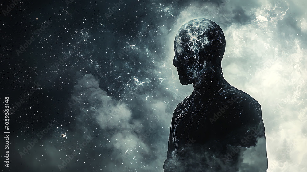 Poster a profound silhouette figure set against a cosmic background filled with swirling clouds and celesti