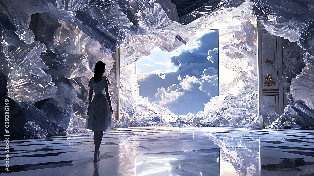Poster A journey through surreal realities a figure explores the boundaries of imagination in a dreamlike landscape of illusion and wonder
