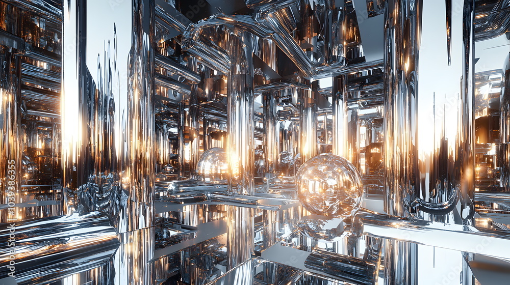 Fototapete Exploring an abstract metallic environment a journey through reflections and light effects in a futuristic space