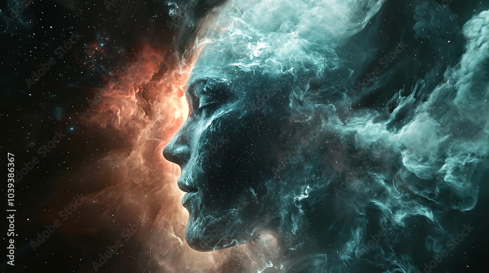 Fototapete Cosmic harmony blending human forms with celestial elements in a captivating abstract portrait