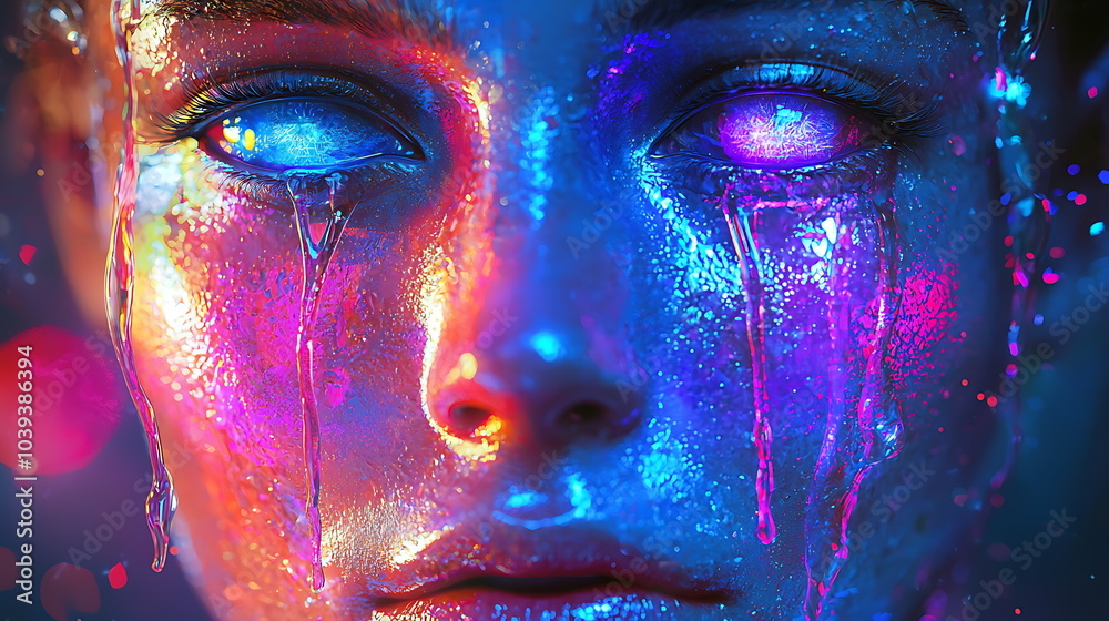 Poster Vivid abstract portrait of a person with colorful glowing tears and dynamic lighting effects capturing deep emotions and artistic expression