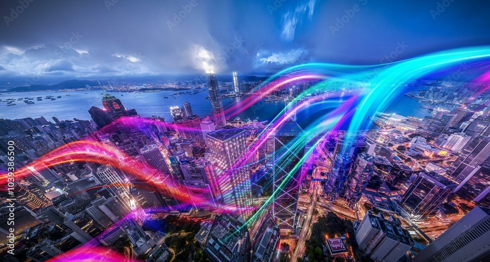Poster aerial view of hong kong at night with illuminated skyscrapers and colorful streaks of light.