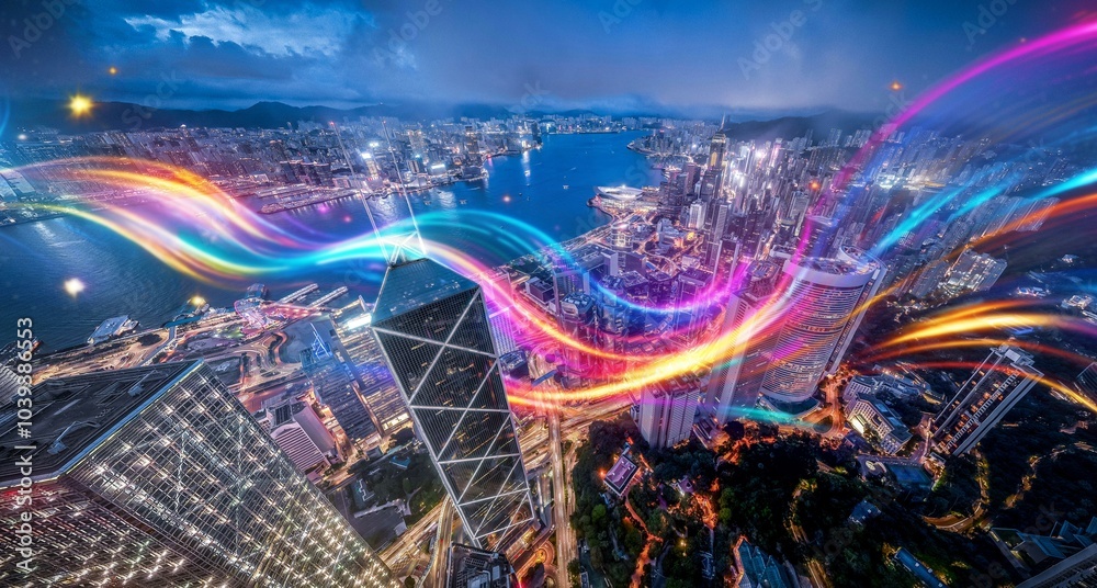 Poster nighttime aerial view of a city skyline with skyscrapers and water illuminated with colorful streaks